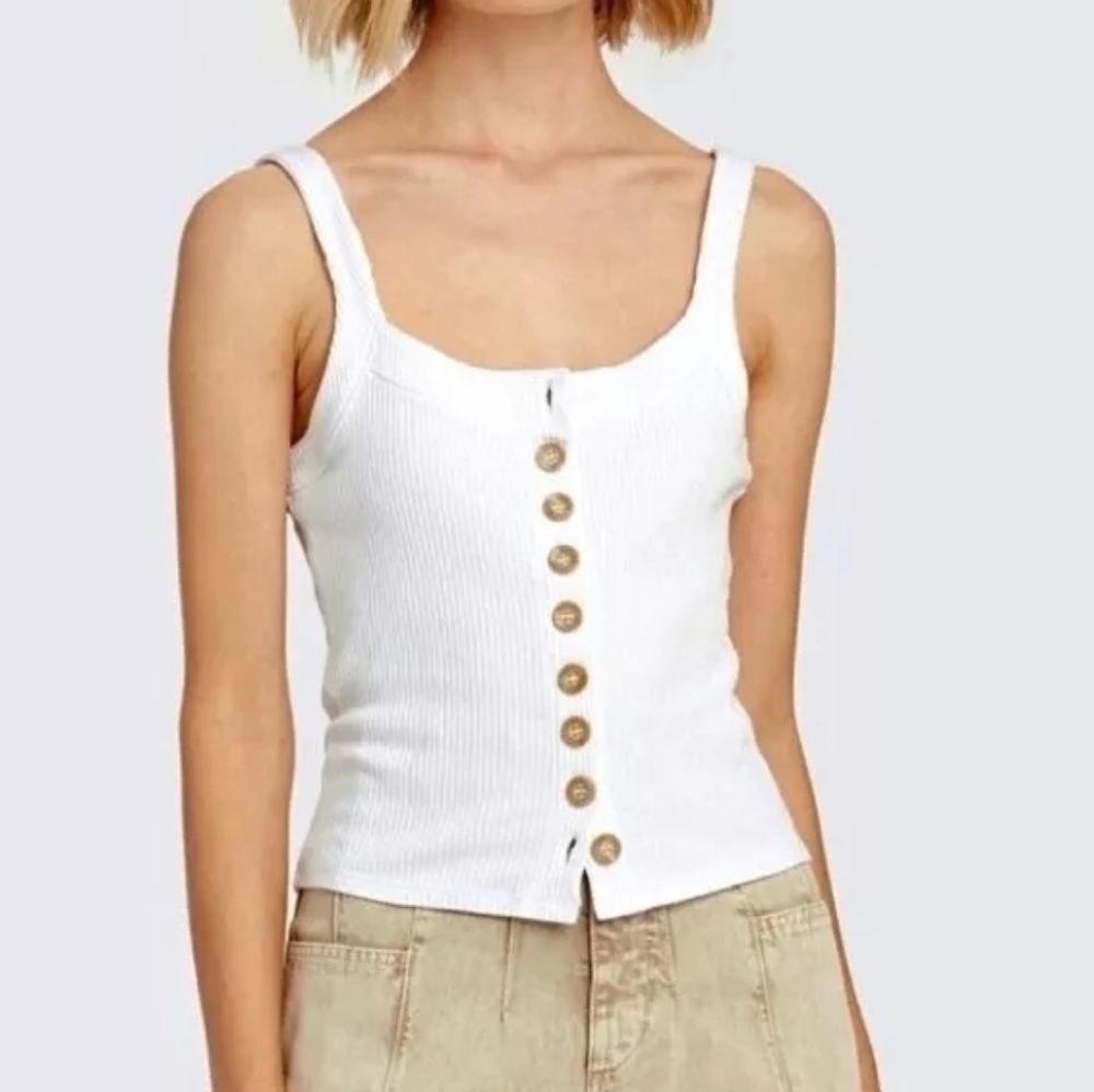 Free People Bridgette White Button Up Ribbed Tee Tank Top Shirt Slim Size S/P - Picture 2 of 11